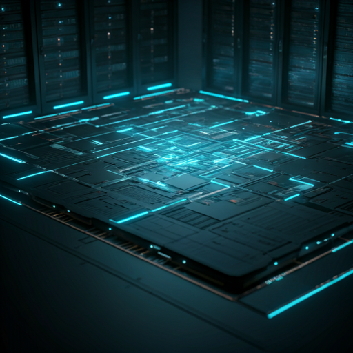 Representação visual de uma arquitetura de software com nós conectados por linhas luminosas turquesa.